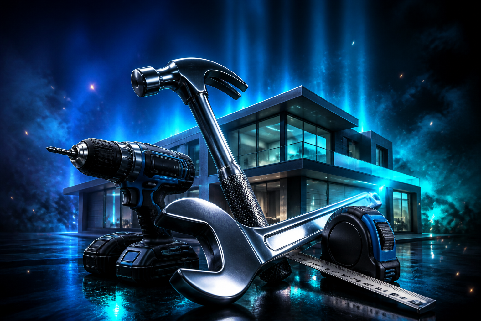 3D handyman tools and modern home in Indigo Harbor lighting